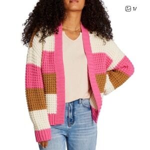 Uncharted Threads Chunky Knit Striped Open Front Cardigan Sweater L Colorful
